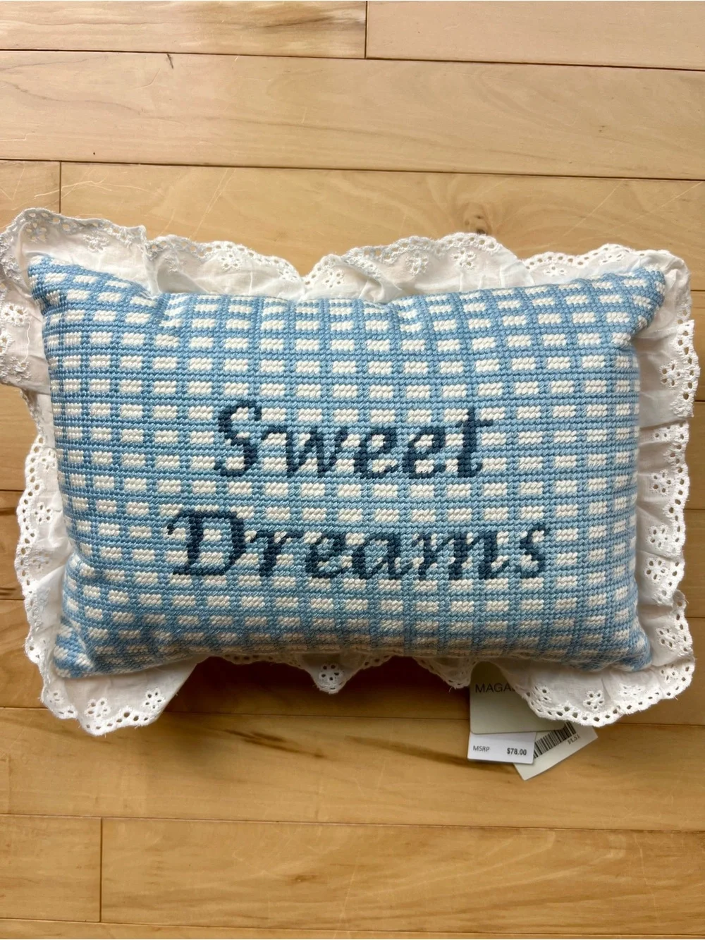 NWT Magaschoni Blue and White Gingham 'Sweet Dreams' Lace-Trim Pillow